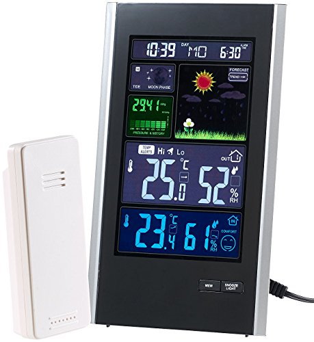 infactory Wetterstation mit Strom: Funk-Wetterstation mit Außensensor, Wecker & USB-Ladeport (2 Ampere) (Wetterstation mit Stromanschluss, Funk Wetterstation Mit Netzteil, Wettervorhersage) von infactory