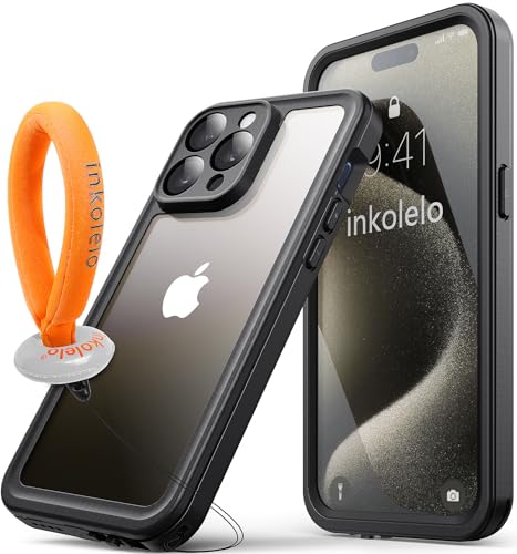 inkolelo Kompatibel mit iPhone 15 Pro wasserdichte Hülle, eingebauter Bildschirmschutz mit schwimmendem Band, IP68 wasserdichte Hülle für iPhone 15 Pro 6,1 Zoll Hülle (2023) - Mattschwarz/Orange von inkolelo