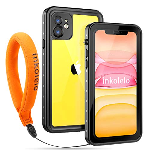 inkolelo iPhone 11 wasserdichte Hülle, eingebauter Display-Ganzkörperschutz mit schwimmendem Gurt IP68 wasserdichte Hülle für iPhone 11 6,1 Zoll (2019) - Mattschwarz/Orange von inkolelo