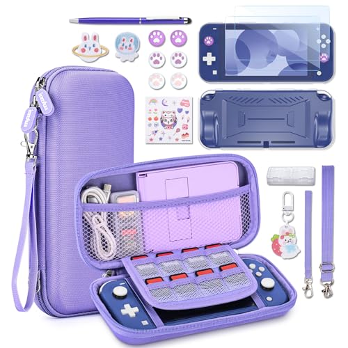 Switch Lite Hülle - innoAura 17 in 1 Switch Lite Zubehör mit Switch Lite Tasche, Switch Spiele Aufbewahrung, Switch Schutzfolie für Switch Lite, Switch Ständer, Switch Joystick Kappen(Lila) von innoAura