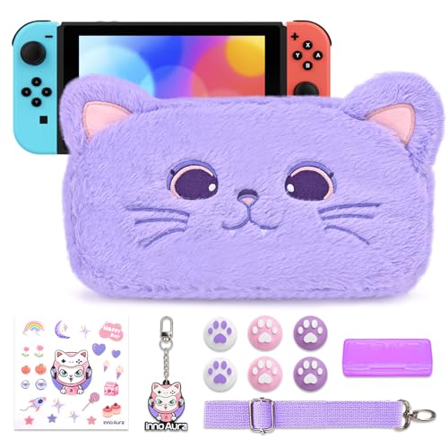 Switch Tasche für NS Switch, innoAura 11 in 1 Switch Zubehör Bundle mit Switch Hülle, Switch Spielespeicherhülle, Switch Daumenkappen, Abnehmbarer Schultergurt, Niedlicher Anhänger (Lila Katze) von innoAura