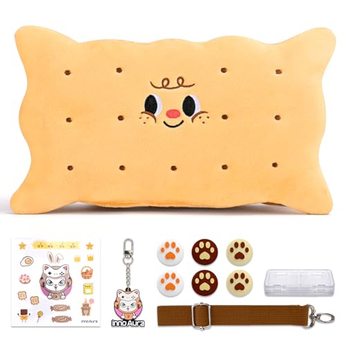 Switch Tasche für NS Switch, innoAura 11 in 1 Switch Zubehör Bundle mit Switch Hülle, Switch Spielhülle, Switch Daumenkappen, Abnehmbarer Schultergurt, Niedlicher Anhänger (Brauner Keks) von innoAura