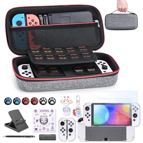 Switch Tasche für NS Switch OLED - innoAura 18 in 1 Switch Zubehör mit Switch Hülle, Switch Spiele Aufbewahrung, Switch Schutzfolie für Switch OLED, Switch Ständer, Switch Joystick Kappen (Grau) von innoAura