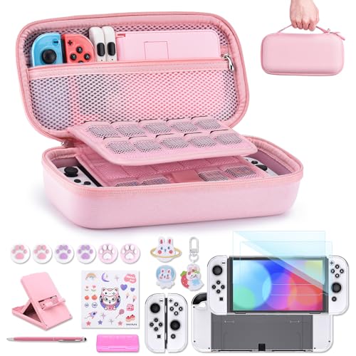 Switch Tasche für NS Switch OLED - innoAura 18 in 1 Switch Zubehör mit Switch Hülle, Switch Spiele Aufbewahrung, Switch Schutzfolie für Switch OLED, Switch Ständer, Switch Joystick Kappen (Rosa) von innoAura