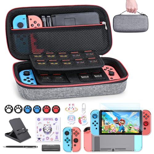Switch Tasche für NS Switch - innoAura 18 in 1 Switch Zubehör mit Switch Hülle, Switch Hülle, Switch Spiele Aufbewahrung, Switch Schutzfolie, Switch Ständer, Switch Joystick Kappen (Grau) von innoAura