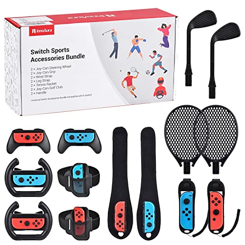 14 in 1 Switch Sport Zubehör Bündel, innoAura NS Bundle Lenkrad, Joycon Griff, Tennisschläger, Glof Club, Handgelenkriemen, Beingurt Kompatibel mit Switch/Switch OLED von innoAura