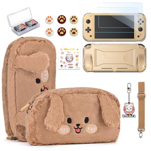 innoAura Switch Lite Hülle, 14 in 1 Switch Lite Zubehör Bundle mit niedlicher Switch Lite Tasche, Switch Lite Bildschirmprotektor, Switch Spielhülle, Switch Daumenkappen (Brauner Hund) von innoAura