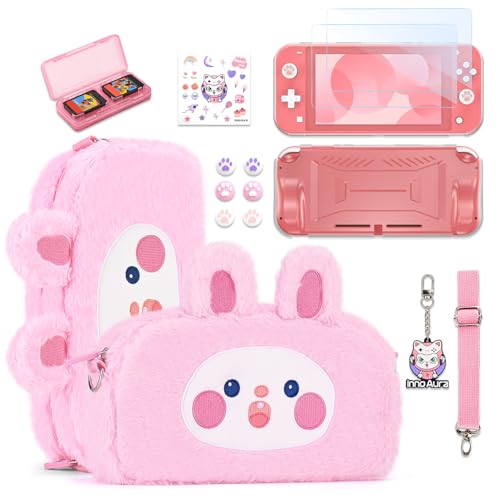 innoAura Switch Lite Hülle,14 in 1 Switch Lite Zubehör Bundle mit niedlicher Switch Lite Tasche,Switch Lite Displayschutzfolie,Switch Spielespeicherhülle, Switch Daumenkappen (Pinkes Kaninchen) von innoAura