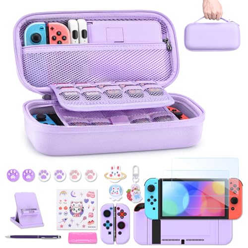 Switch Tasche für NS Switch - innoAura 18 in 1 Switch Zubehör mit Switch Hülle, Switch Hülle, Switch Spiele Aufbewahrung, Switch Schutzfolie, Switch Ständer, Switch Joystick Kappen (Lila) von innoAura
