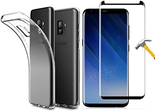 2in1 kompatibel mit 3D Panzerglas Samsung Galaxy S9 plus Silikon Case mit Harte Schutzfolie für gewölbtes Display volle Abdeckung Schutzhülle TPU Hülle transparent leicht Cover Glasfolie 9H Schutzglas von ino