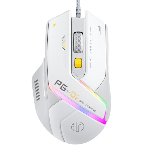 INPHIC PG1 Gaming Maus mit Kabel, 12800 DPI Hochpräzise, 6 programmierbare Tasten, atmungsaktive RGB Hintergrundbeleuchtung Ergonomische PC Maus Kabel für Computer/Mac/Laptop - Weiß von inphic