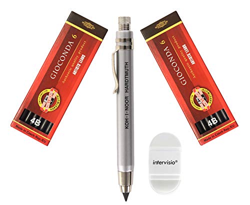 Koh-I-Noor 5359 Mechanischer Fallminenstift 5,6 mm - Metallminenhalter mit Graphitminen Set 4865 4B und intervisio Bleistiftspitzer mit Radiergummi - für Schule, Schriftsteller, Künstler von intervisio