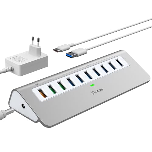 Intpw USB Hub mit Netzteil 10Gbps, 10 Port USB 3.1 Gen 2 Hub mit 7 USB 3.1 Datenanschlüssen, 3 Schnellladeanschlüssen, 36W Netzteil, 3,3ft Typ A und Typ C Kabel, Aluminium USB Hub Aktiv für Mac, PC von intpw