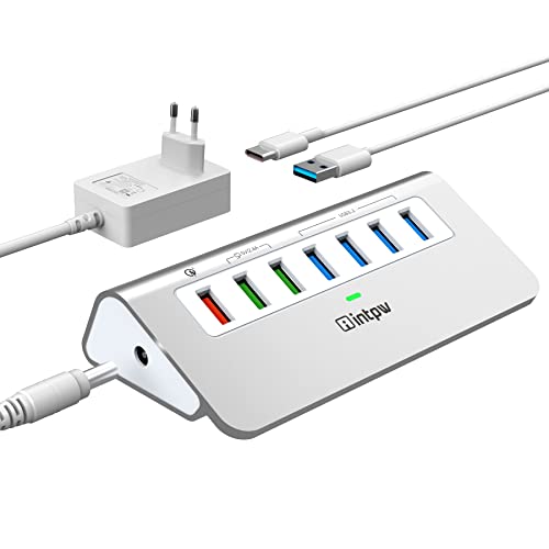 Powered USB 3.2 Hub 10Gbps,7 Port USB Daten Hub USB Splitter mit 4 USB 3.2 Gen2 Daten Ports,3 Schnelllade Ports,30W Power Adapter,Typ A & C Kabel, Aluminium Powered USB C Hub für Computer,PC,Laptop von intpw