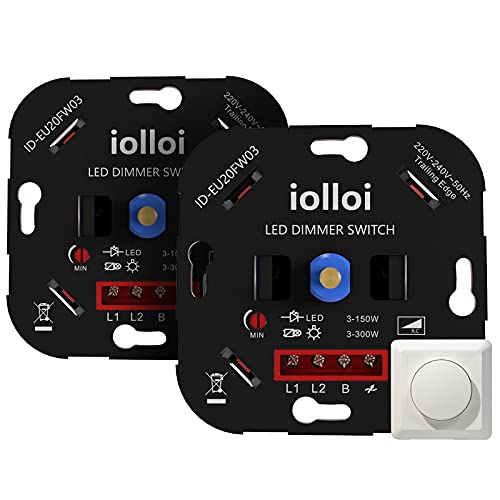 iolloi LED Dimmer Schalter, Drehdimmer Unterputz Dimmschalter für Dimmbare LEDs 3–150W / Halogen 3–300W, Dimmer für LED Lampen, LED Dimmer 230V (2er-Pack) von iolloi