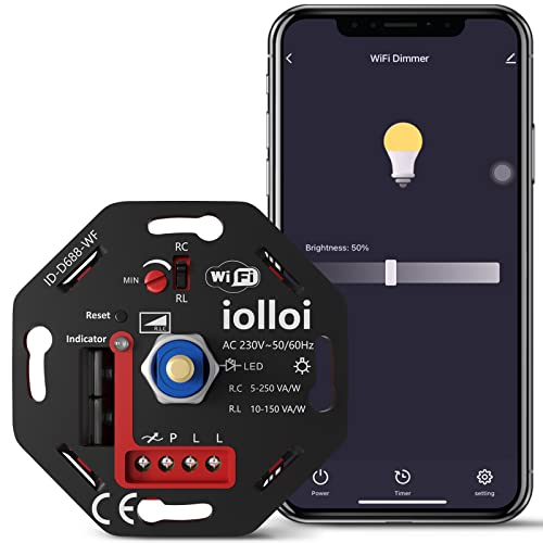 iolloi Universal WiFi/Wlan Dimmer Schalter, Smart Dimmschalter 230V, LED Dimmer 5-250W, Kompatibel mit Alexa, Google Home & Tuya Smart Life, dimmer für led lampen (kein Neutralleiter erforderlich) von iolloi