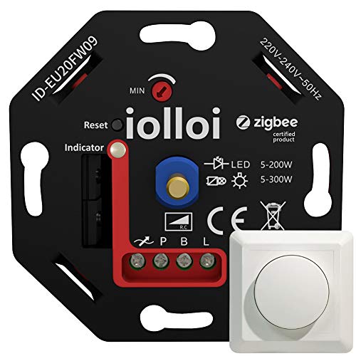 iolloi Zigbee Dimmschalter, 230V Phasenabschnitt Drehdimmer für dimmbare LED/Halogenlampen, Dimmer für LED Lampen, 5-200W, Kompatibel mit Philips Hue, Alexa und Google Home, ohne Klemmkrallen von iolloi