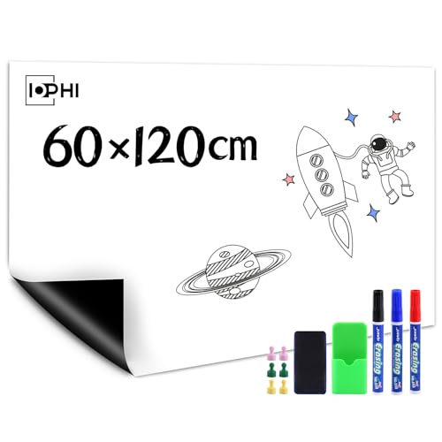 Whiteboard Folie, 120 x 60 cm Magnetisch Selbstklebend Weißwandtafel Folie, Inklusive Marker und Schwamm, Whiteboard Sticker DIY, Wandfolie für glatten Oberflächen in Schule Büro Haus von iophi
