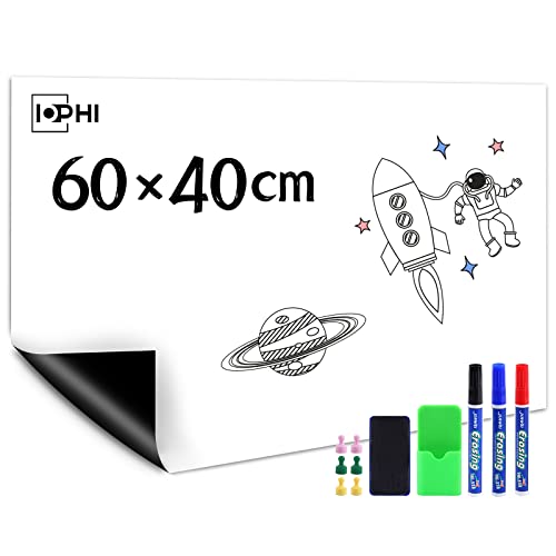 Whiteboard Folie, 60 x 40 cm Magnetisch Selbstklebend Weißwandtafel Folie, Inklusive Marker und Schwamm, Whiteboard Sticker DIY, Wandfolie für glatten Oberflächen in Schule Büro Haus von iophi