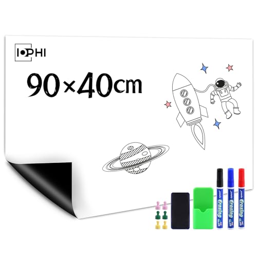 Whiteboard Magnetisch Folie 90 x 40 cm, Magnetfolie Selbstklebend Stark Abwischbare Magnet-Tafel Weiß, Inklusive Whiteboard Marker & SchwammMagnetes, Gelten Büro und Zuhause kühlschrank usw von iophi
