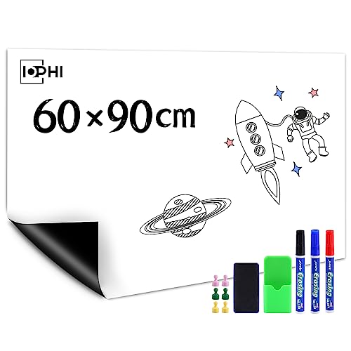 Whiteboard Magnetisch Folie 90 x 60 cm, Magnetfolie Selbstklebend Stark Abwischbare Magnet-Tafel Weiß, Inklusive Whiteboard Marker & SchwammMagnetes, Gelten Büro, Magnetisch Folie Tafelfolie von iophi