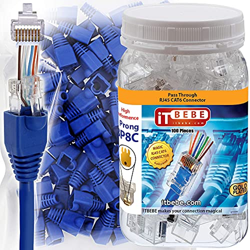 ITBEBE 100 Sets RJ45 Cat6 Durchgangsverbinder für 24 AWG Kabel – 100 Stück Cat6 Stecker Enden und 100 Stück RJ45 Stecker blau Zugentlastungsmanschetten für saubere, hakenfreie Ethernet-Patchkabel von itbebe.com