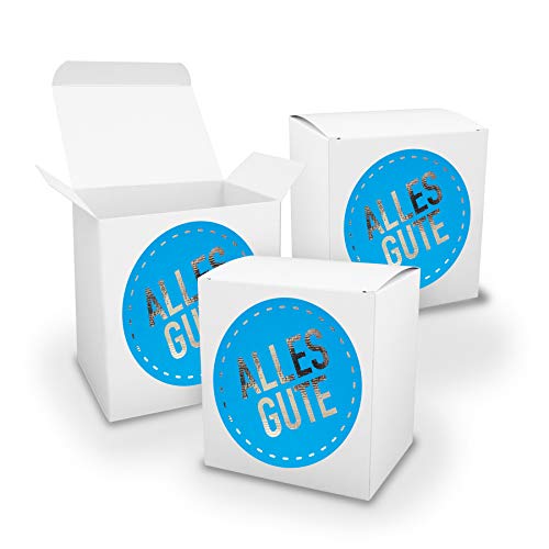 itenga 3x Geschenkboxen Schachteln aus Karton XL großer Würfel + Aufkleber Sticker (Würfel weiß Alles Gute blau) von itenga