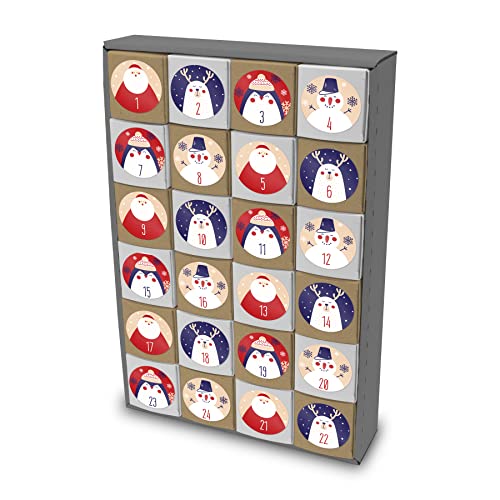 itenga Adventskalender 32,5x21cm zum Füllen 24 Schachteln zum Befüllen Würfel Form 5x5cm mit Zahlenstickern Weihnachtsfiguren von itenga