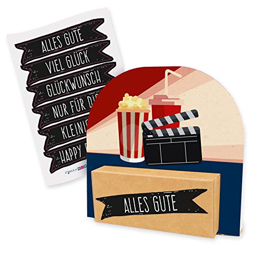 itenga Geldgeschenk oder Gutschein Verpackung Geschenkaufsteller Motiv/Anlass Kino Film Popcorn Kinogutschein mit Stickerbogen aus Karton 12x11,5cm von itenga