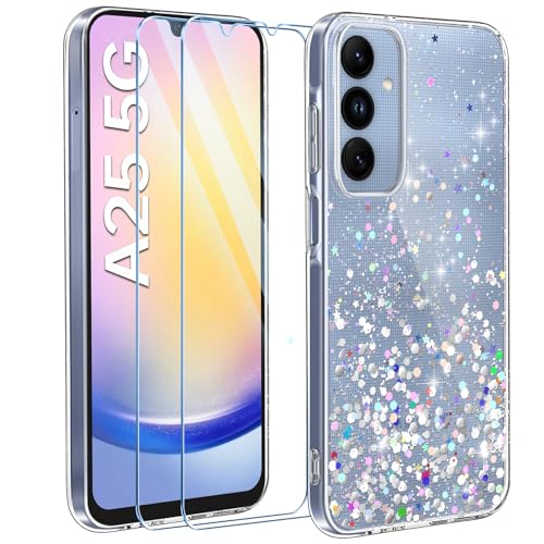 ivencase Glitzer Handyhülle Kompatibel mit Samsung Galaxy A25 5G Hülle, Klar Silikon Case+2 Stück Schutzfolie, Transparent Pailletten Kratzfest Hülle Weich TPU Stoßfeste Schutzhülle Samsung A25 von ivencase