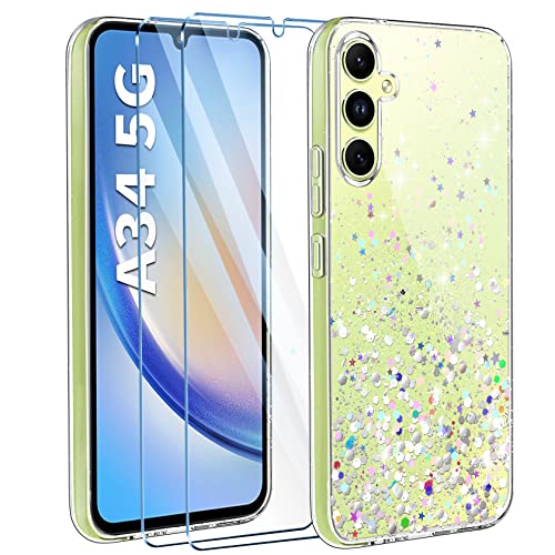 ivencase Glitzer Handyhülle Kompatibel mit Samsung Galaxy A34 5G Hülle, Klar Silikon Case+2 Stück Schutzfolie, Transparent Pailletten Kratzfest Hülle Weich TPU Stoßfeste Schutzhülle Samsung A34 5G von ivencase