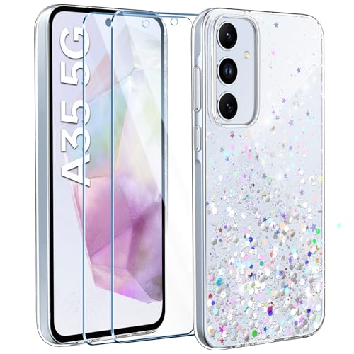 ivencase Glitzer Handyhülle Kompatibel mit Samsung Galaxy A35 5G Hülle, Klar Silikon Case+2 Stück Schutzfolie, Transparent Pailletten Kratzfest Hülle Weich TPU Stoßfeste Schutzhülle Samsung A35 von ivencase