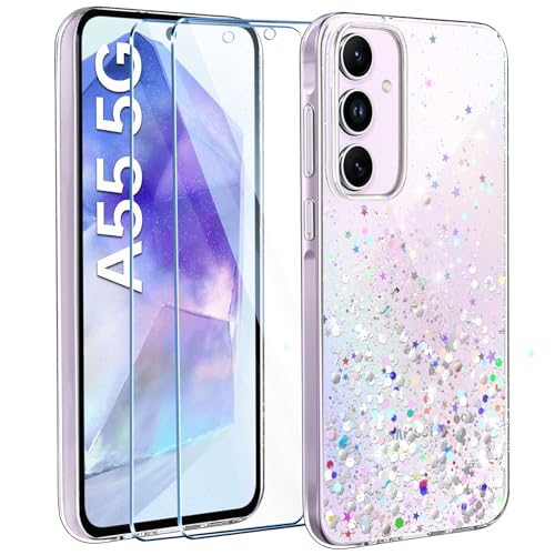 ivencase Glitzer Handyhülle Kompatibel mit Samsung Galaxy A55 5G Hülle, Klar Silikon Case+2 Stück Schutzfolie, Transparent Pailletten Kratzfest Hülle Weich TPU Stoßfeste Schutzhülle Samsung A55 von ivencase