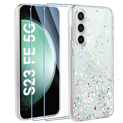 ivencase Glitzer Handyhülle Kompatibel mit Samsung Galaxy S23 FE Hülle, Klar Silikon Case+2 Stück Schutzfolie, Transparent Pailletten Kratzfest Hülle Weich TPU Stoßfeste Schutzhülle Samsung S23 FE 5G von ivencase