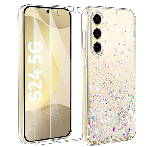 ivencase Glitzer Handyhülle Kompatibel mit Samsung Galaxy S24 AI Hülle, Klar Silikon Case+2 Stück Schutzfolie, Transparent Pailletten Kratzfest Hülle Weich TPU Stoßfeste Schutzhülle Samsung S24 5G von ivencase