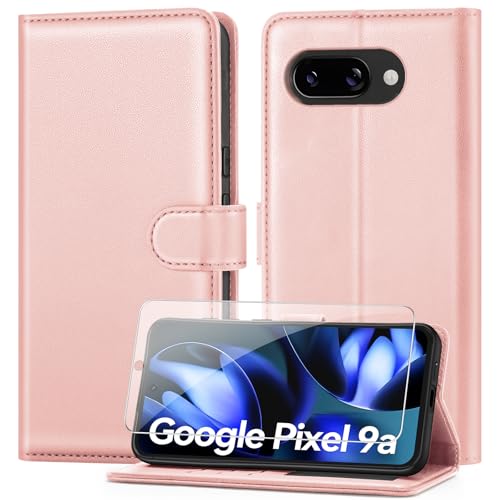 ivencase Handyhülle Kompatibel mit Google Pixel 9a Hülle und Schutzfolie, Premium PU Schutzhülle [RFID-Blockierung] [Kartenfach] [Magnetverschluss] [Standfunktion] Flip Wallet Case, Rosa von ivencase