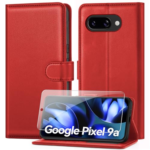 ivencase Handyhülle Kompatibel mit Google Pixel 9a Hülle und Schutzfolie, Premium PU Schutzhülle [RFID-Blockierung] [Kartenfach] [Magnetverschluss] [Standfunktion] Flip Wallet Case, Rot von ivencase
