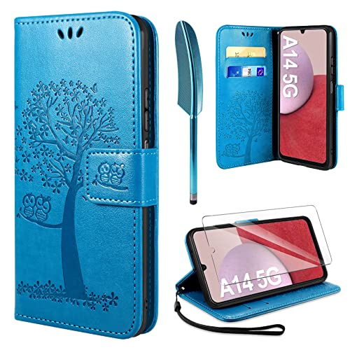 ivencase Handyhülle Kompatibel mit Samsung Galaxy A14 5G(NOT for A14 4G) Hülle mit Panzerglas PU Leder Flip Wallet Tasche Case und Magnet Kartenfach Schutzhülle - Blau von ivencase