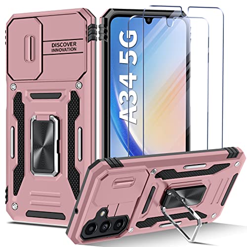 ivencase Handyhülle Kompatibel mit Samsung Galaxy A34 5G Hülle, Kameraschutz Hülle & 2*Schutzfolie, Kameraschieber Hüllen Drehbarer Fingerring Ständer Case Hybrid Militärgrad Schutzhülle - Roségold von ivencase