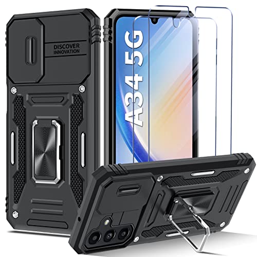 ivencase Handyhülle Kompatibel mit Samsung Galaxy A34 5G Hülle, Kameraschutz Hülle & 2*Schutzfolie, Kameraschieber Hüllen Drehbarer Fingerring Ständer Case Hybrid Militärgrad Schutzhülle - Schwarz von ivencase