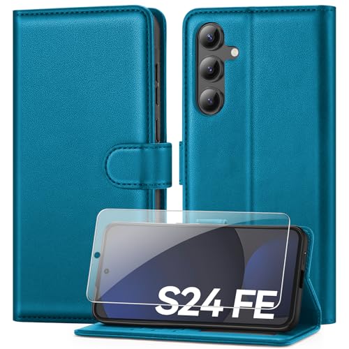 ivencase Handyhülle Kompatibel mit Samsung Galaxy S24 FE Hülle und Schutzfolie, Premium PU Schutzhülle [RFID-Blockierung] [Kartenfach] [Magnetverschluss] [Standfunktion] Flip Wallet Case, Blau von ivencase