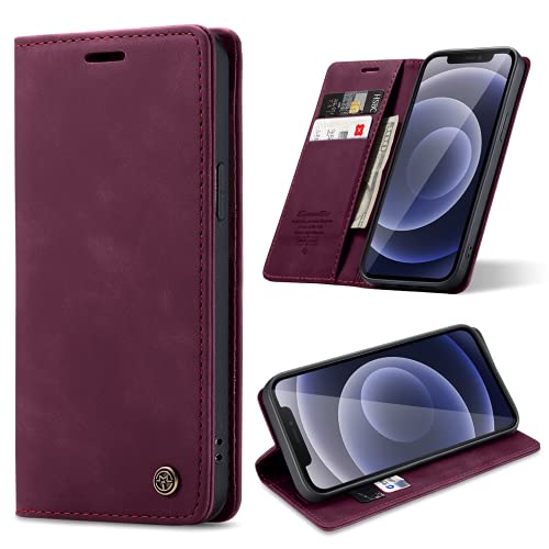 ivencase Handyhülle Kompatibel mit iPhone 12 Mini Hülle, mit Kartenfach Geld Slot Ständer Flip Schutzhülle für iPhone 12 Mini Wallet Case PU Leder - Weinrot von ivencase