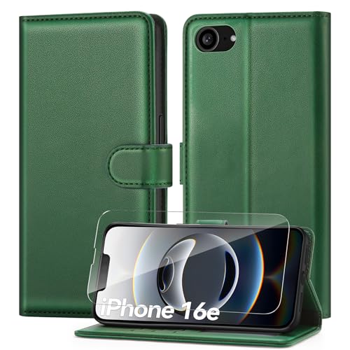 ivencase Handyhülle Kompatibel mit iPhone 16e Hülle und Schutzfolie, PU Schutzhülle [RFID-Blockierung] [Kartenfach] [Magnetverschluss] [Standfunktion] Flip Wallet Case, Dunkelgrün von ivencase