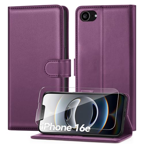 ivencase Handyhülle Kompatibel mit iPhone 16e Hülle und Schutzfolie, PU Schutzhülle [RFID-Blockierung] [Kartenfach] [Magnetverschluss] [Standfunktion] Flip Wallet Case,Dunkelviolett von ivencase