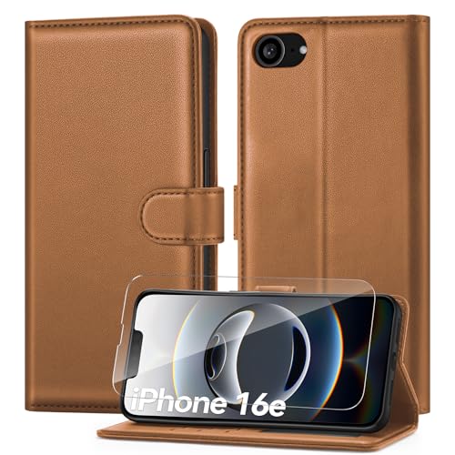 ivencase Handyhülle Kompatibel mit iPhone 16e Hülle und Schutzfolie, Premium PU Schutzhülle [RFID-Blockierung] [Kartenfach] [Magnetverschluss] [Standfunktion] Flip Wallet Case, Braun von ivencase