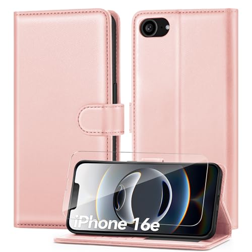 ivencase Handyhülle Kompatibel mit iPhone 16e Hülle und Schutzfolie, Premium PU Schutzhülle [RFID-Blockierung] [Kartenfach] [Magnetverschluss] [Standfunktion] Flip Wallet Case, Rosa von ivencase