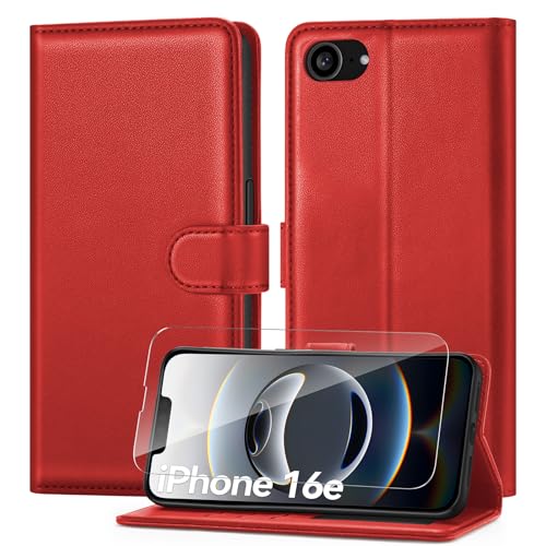 ivencase Handyhülle Kompatibel mit iPhone 16e Hülle und Schutzfolie, Premium PU Schutzhülle [RFID-Blockierung] [Kartenfach] [Magnetverschluss] [Standfunktion] Flip Wallet Case, Rot von ivencase