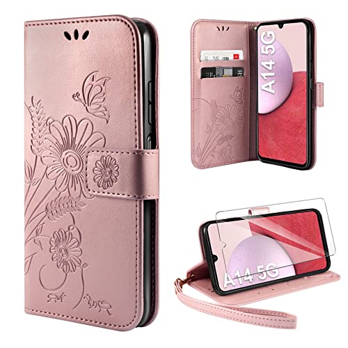 ivencase Handyhülle für Samsung Galaxy A14 5G Hülle mit 1 Stück Hartglas Schutzfolie, Flip Lederhülle Tasche Case Magnet Kartenfach Schutzhülle für Samsung Galaxy A14 (Roségold) von ivencase