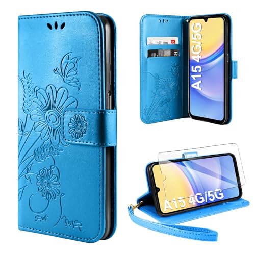 ivencase Handyhülle für Samsung Galaxy A15 4G/5G Hülle mit 1 Stück Hartglas Schutzfolie, Flip Lederhülle Tasche Case Magnet Kartenfach Schutzhülle für Samsung Galaxy A15 (Blau) von ivencase