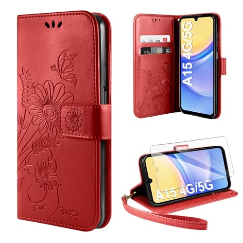 ivencase Handyhülle für Samsung Galaxy A15 4G/5G Hülle mit 1 Stück Hartglas Schutzfolie, Flip Lederhülle Tasche Case Magnet Kartenfach Schutzhülle für Samsung Galaxy A15 (Rot) von ivencase